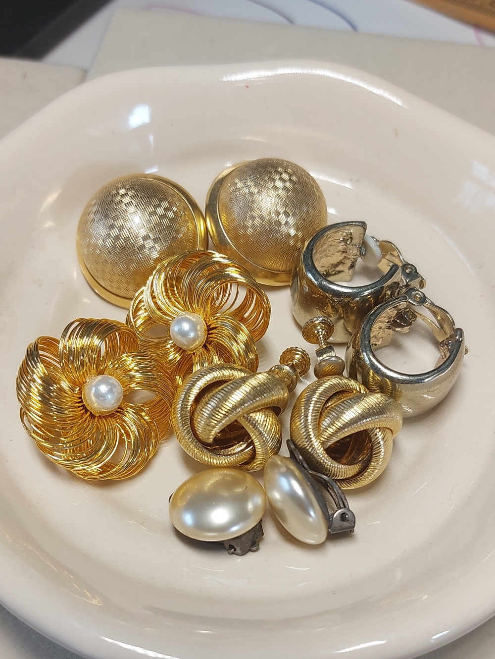 Vintage Gold Tone Clip On Earrings Lot 5 Pairs Faux Pearl Textured Love Knot